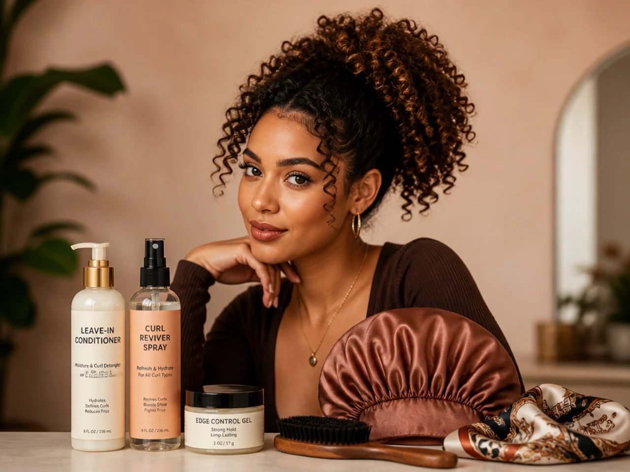 Curly high ponytail maintenance products flatlay — leave-in, curl reviver spray, edge gel, satin bonnet, boar-bristle brush, silk scarf