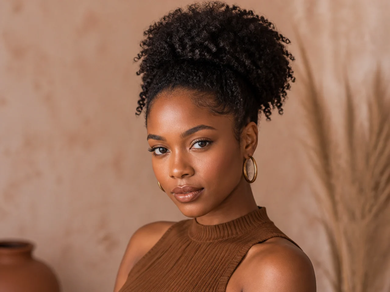 Tight 3C pen-sized coily high ponytail on a Black woman with defined natural coils