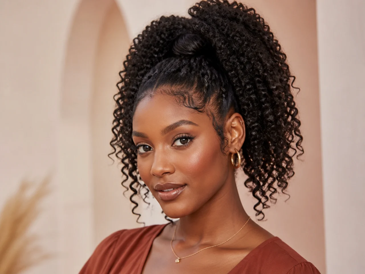 Twist-out high ponytail with elongated defined curls on a Black woman with a preset twist-out base