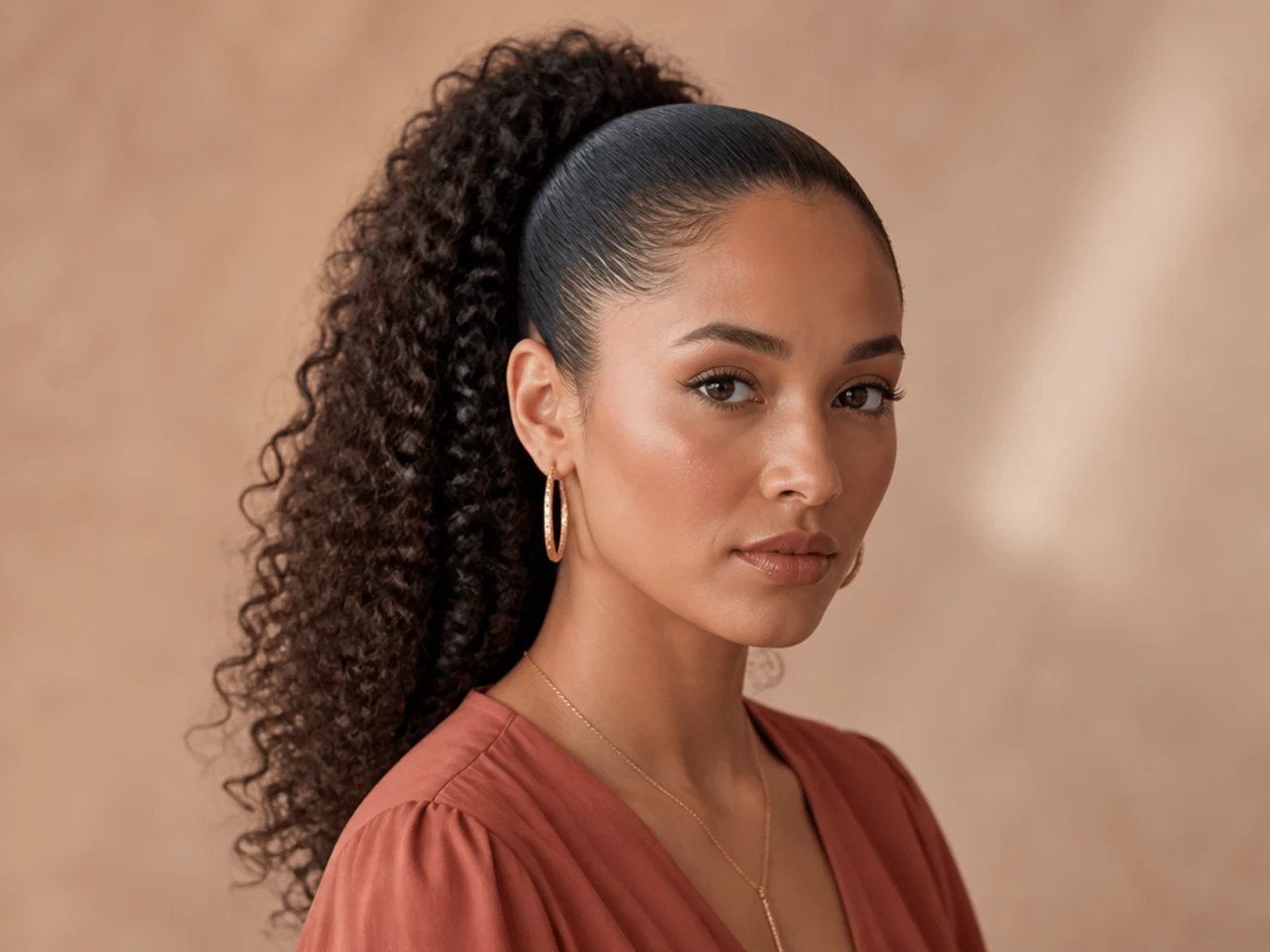 Two-textures high ponytail with sleek slicked-back base and defined natural curly tail on a woman with 3C hair