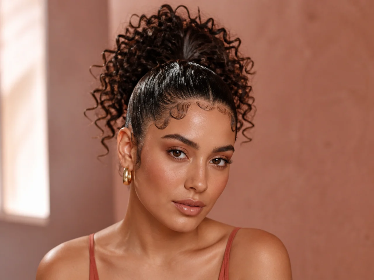 Wet-look glossy gel curly crown high ponytail with sculpted baby hairs on a Latina woman with 3B hair