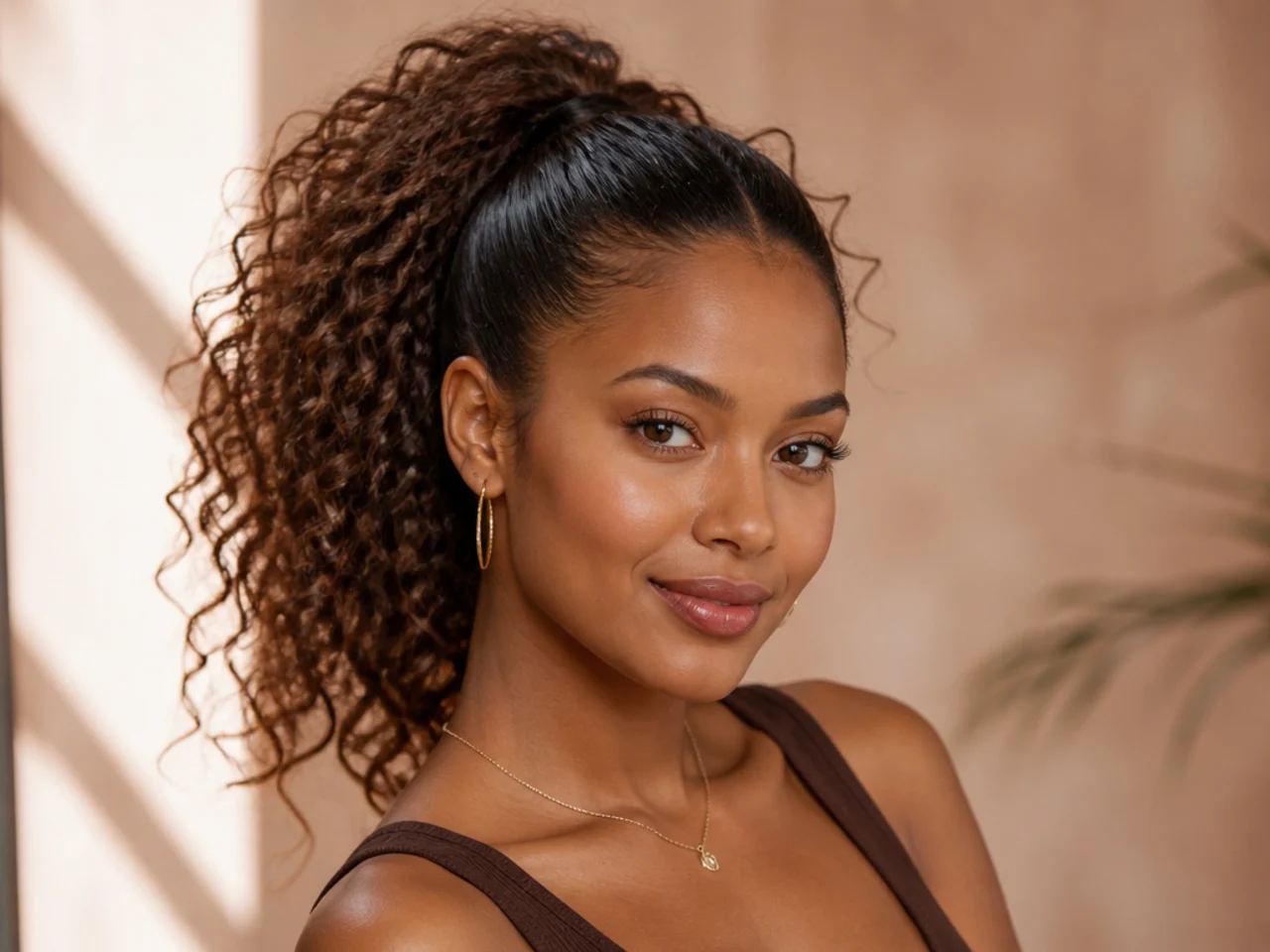 Defined curly high ponytail on a woman with natural 3B ringlets, base set at the crown
