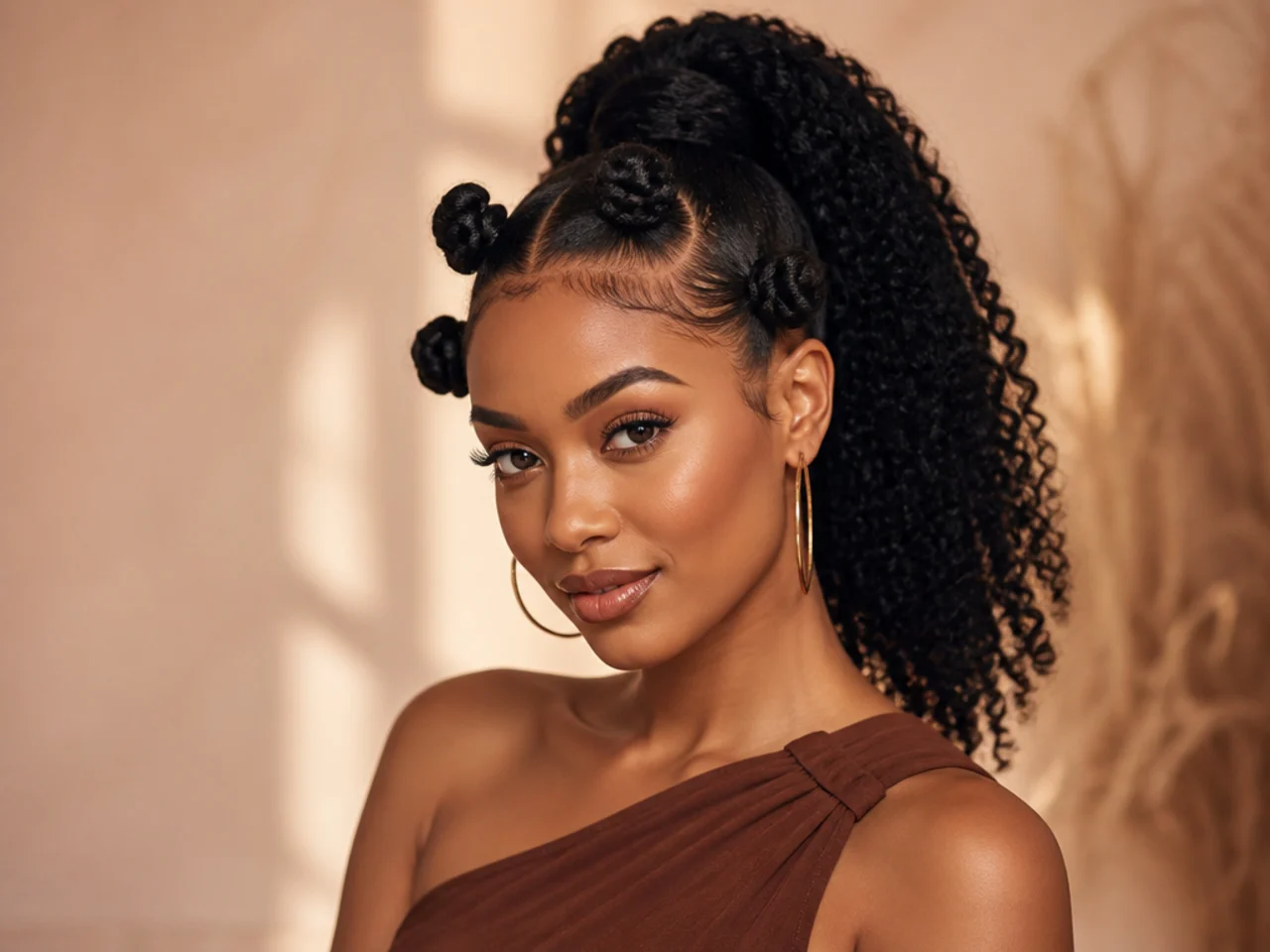 High ponytail with three small bantu knots at the perimeter on a Black woman