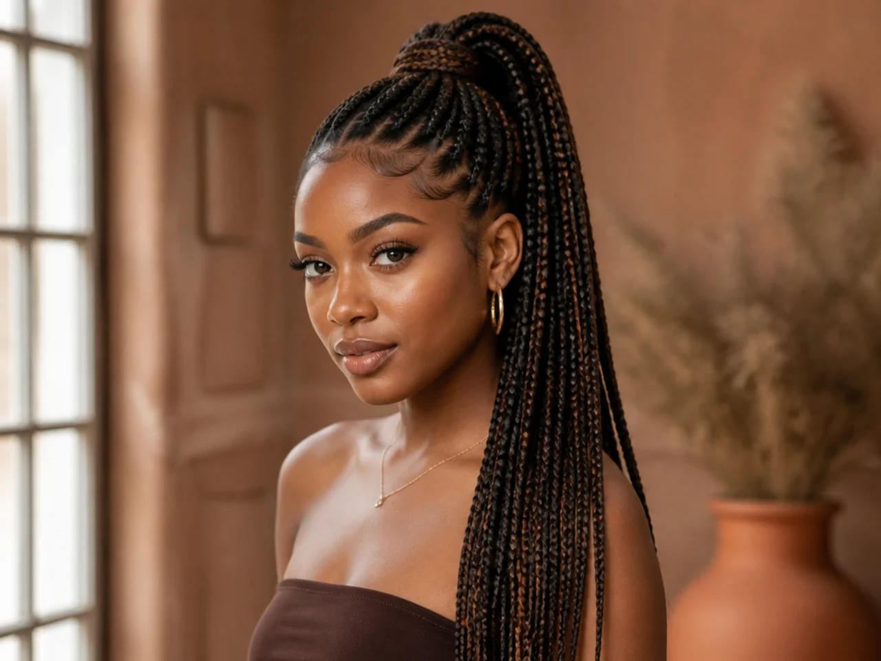 Box braids gathered into a high ponytail with a laid perimeter on a Black woman