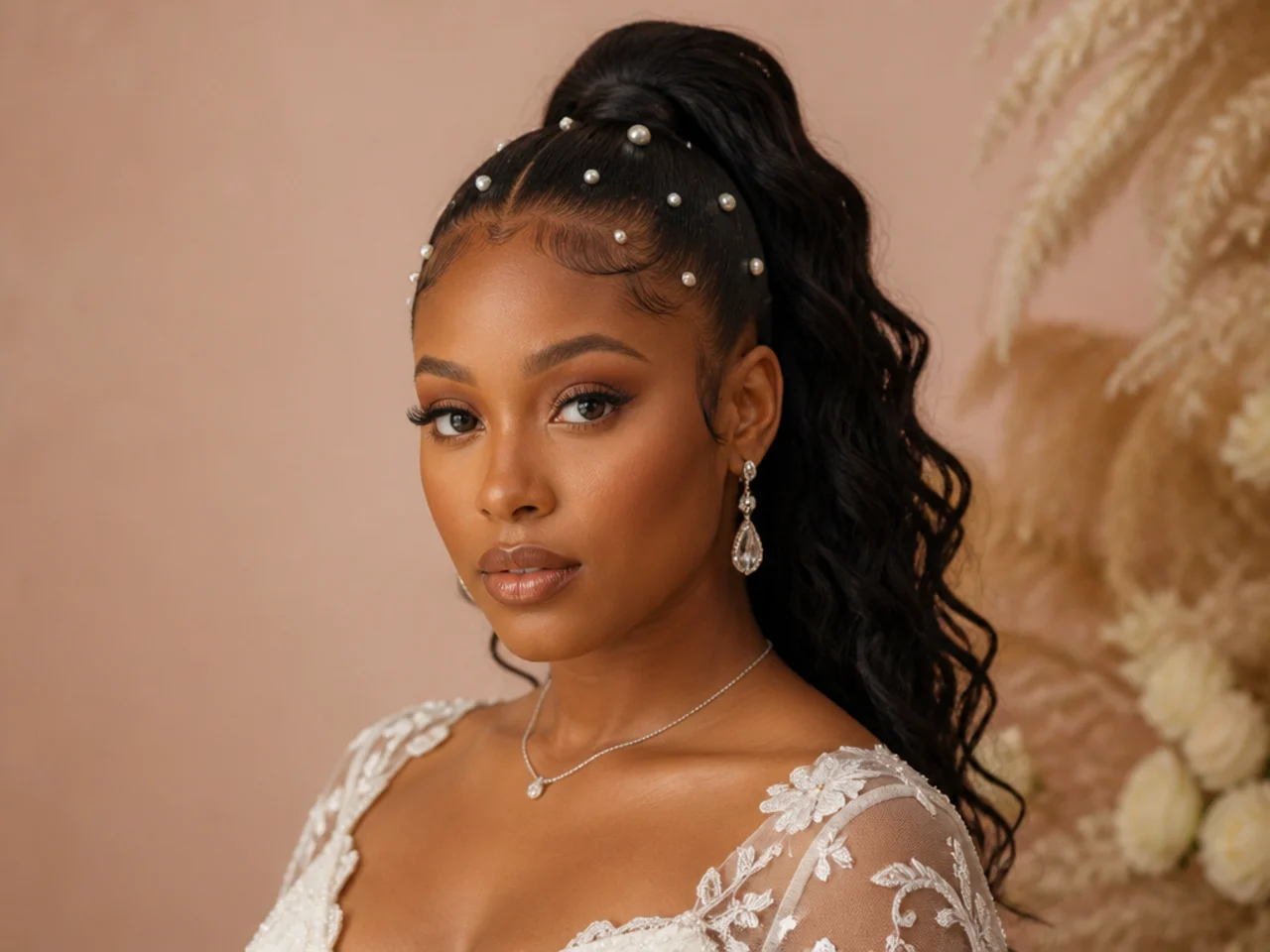 Bridal high ponytail with pearl accents along the perimeter and laid edges on a Black bride