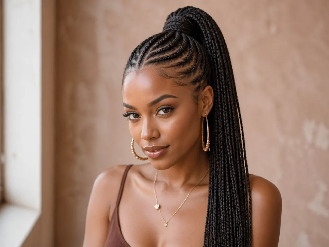 Feed-in cornrows leading into a high ponytail on a Black woman