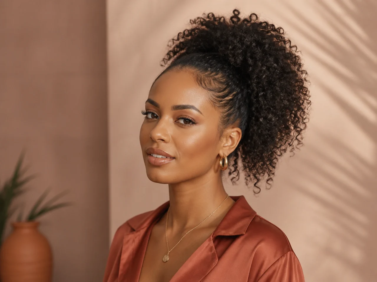 Voluminous curly high ponytail with a texture-matched 4A curly clip-in extension on a Black woman