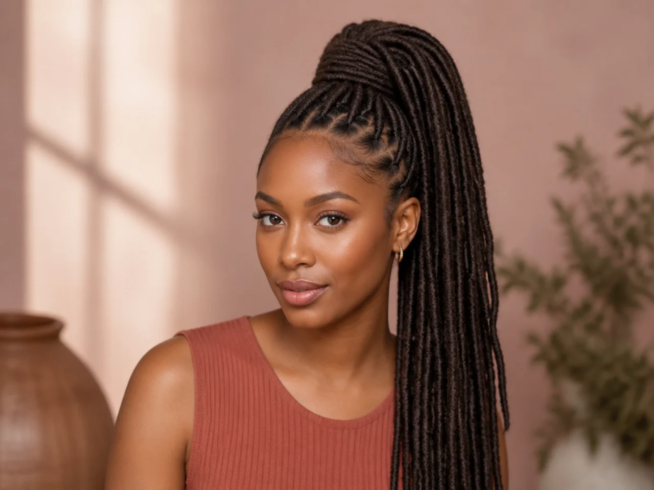 Faux locs styled into a high ponytail with a wrapped base on a Black woman