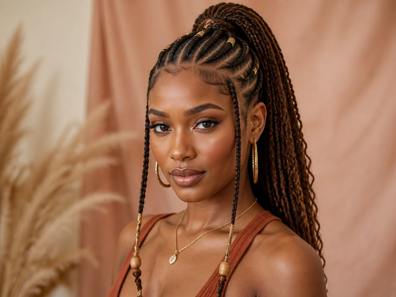 Fulani-inspired braided high ponytail with center cornrow braid and side braids on a Black woman