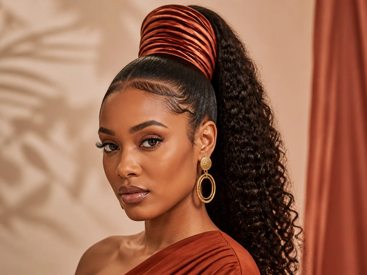 High ponytail with a wide fabric wrap in gele-inspired sculpted shape at the base on a Black woman