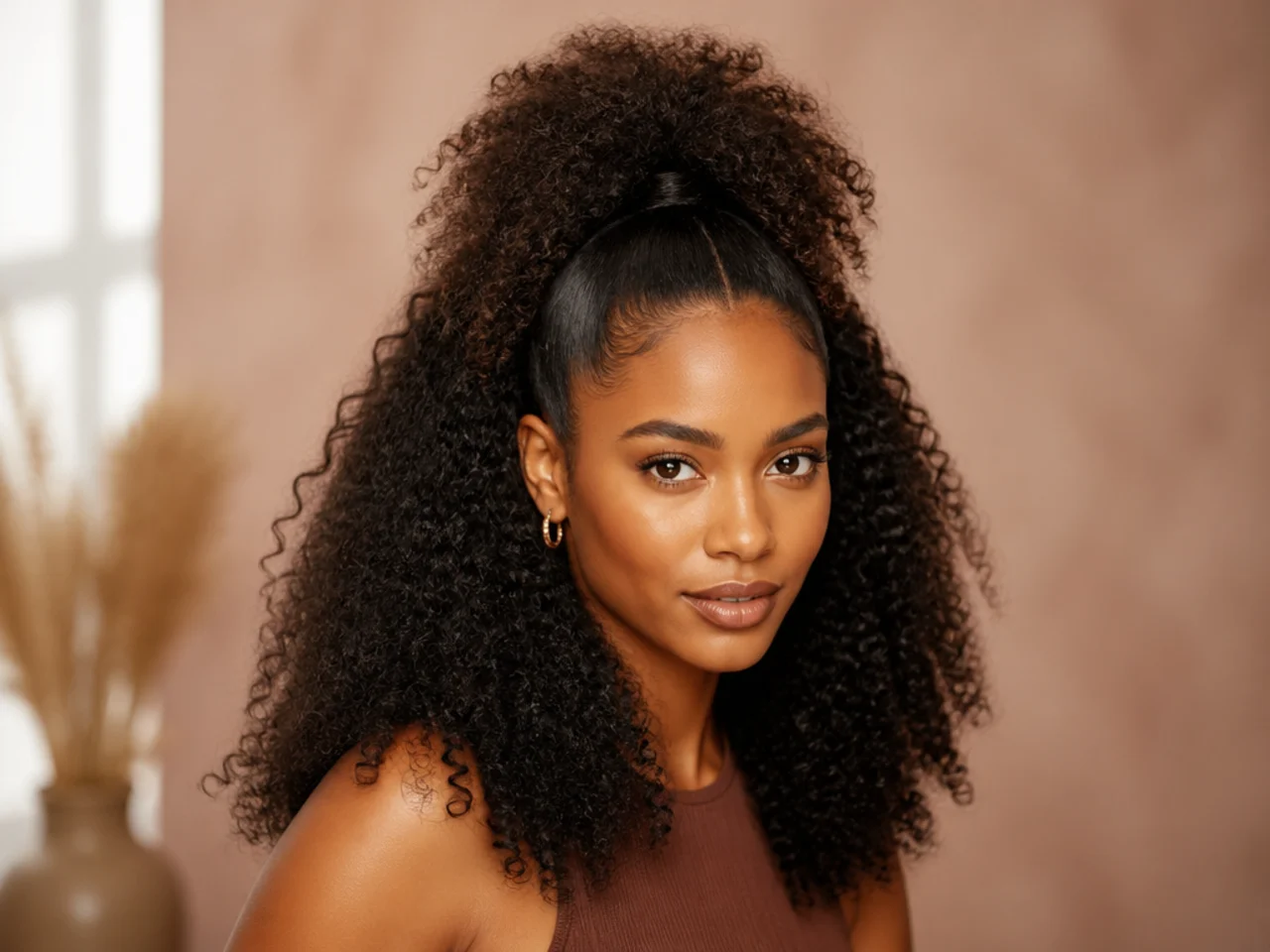 Half-up high ponytail with jumbo volume in the tail and lower half worn loose on a Black woman with natural hair
