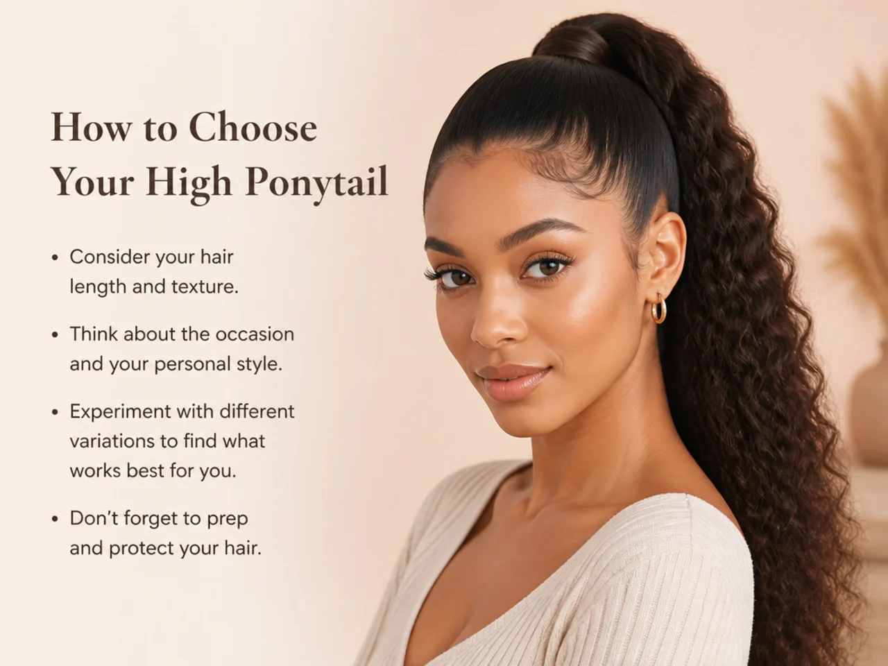 Three Black women modeling different high ponytail styles — sleek relaxed, natural puff, and box-braid pony