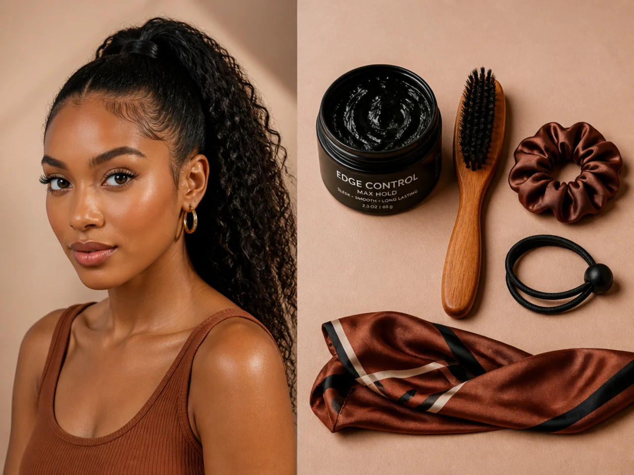 Overhead flatlay of Black hair prep essentials — edge gel, boar-bristle brush, satin scrunchie, bungee, silk scarf