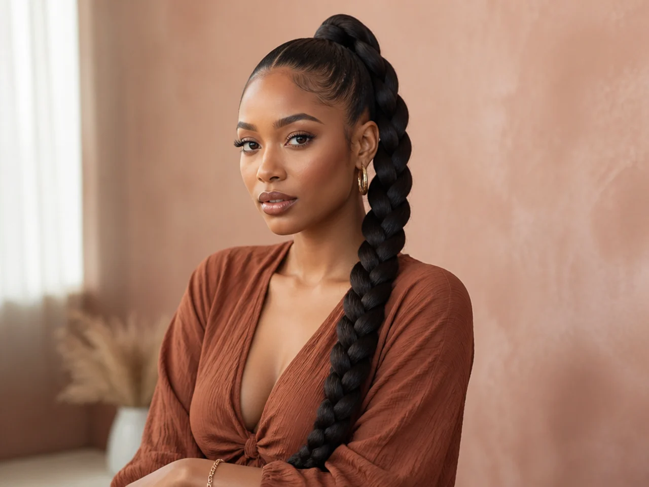 Jumbo single braid falling from a high ponytail on a Black woman with waist-length braided hair