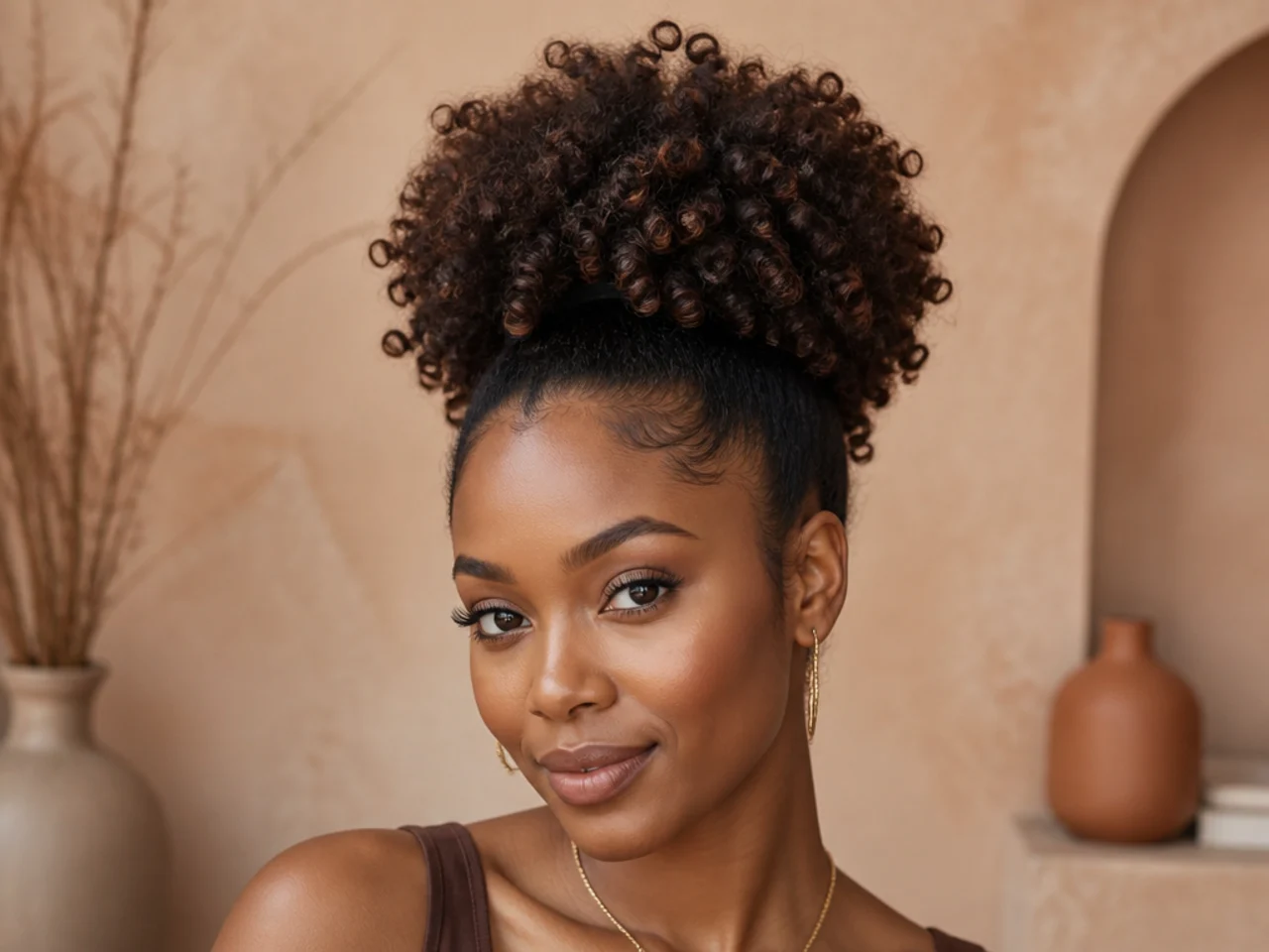 Natural 4B coily puff pony gathered high on the crown on a Black woman