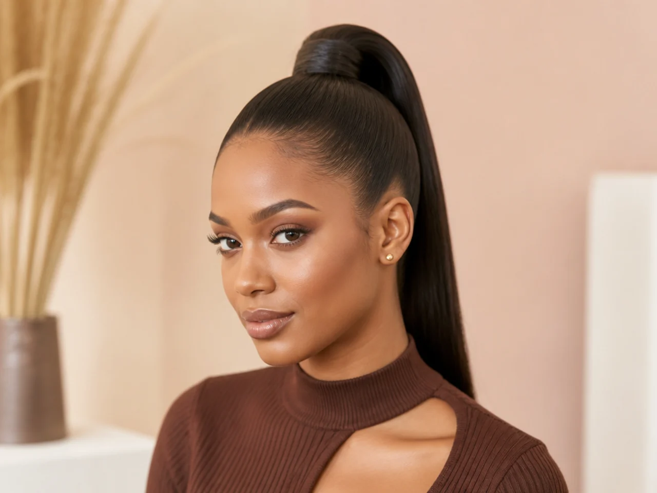 Sleek high ponytail on relaxed hair with a straight tail and defined wrapped base on a Black woman