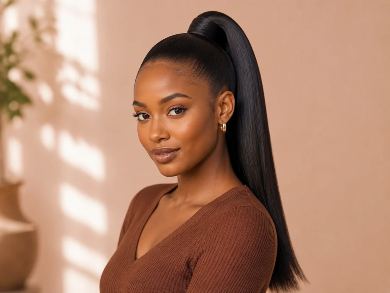 Silk-pressed high ponytail with wrapped base on a Black woman with straight glossy hair