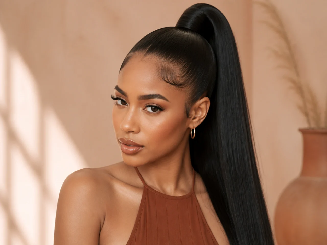 Snatched sleek high ponytail with laid edges in soft S-shapes on Black hair
