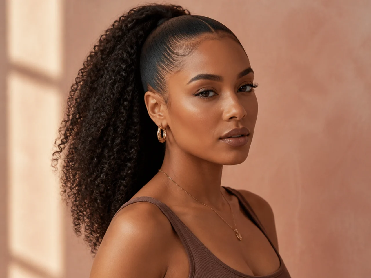 High ponytail with a sleek slicked base and a kinky-curly natural tail on a Black woman