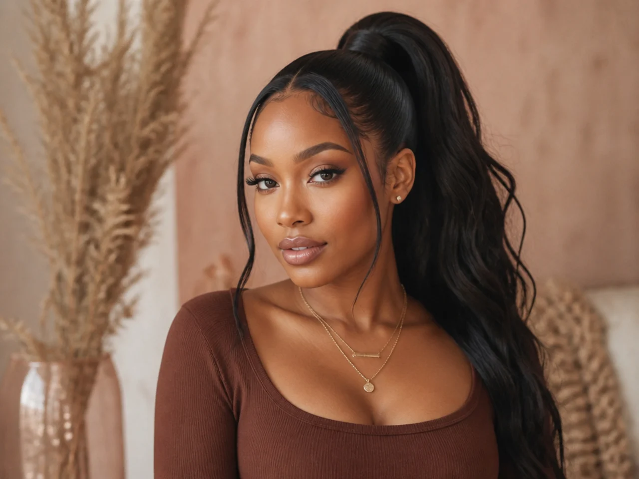 Sew-in weave high ponytail with a leave-out perimeter blending on a Black woman