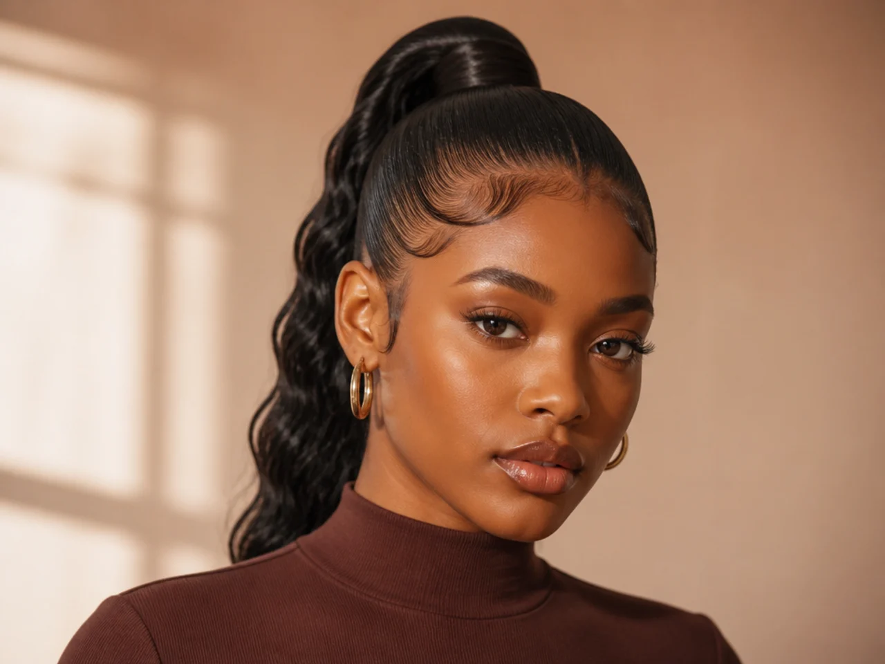 Wet-look glossy high ponytail with sculpted baby hairs at the temples on a Black woman