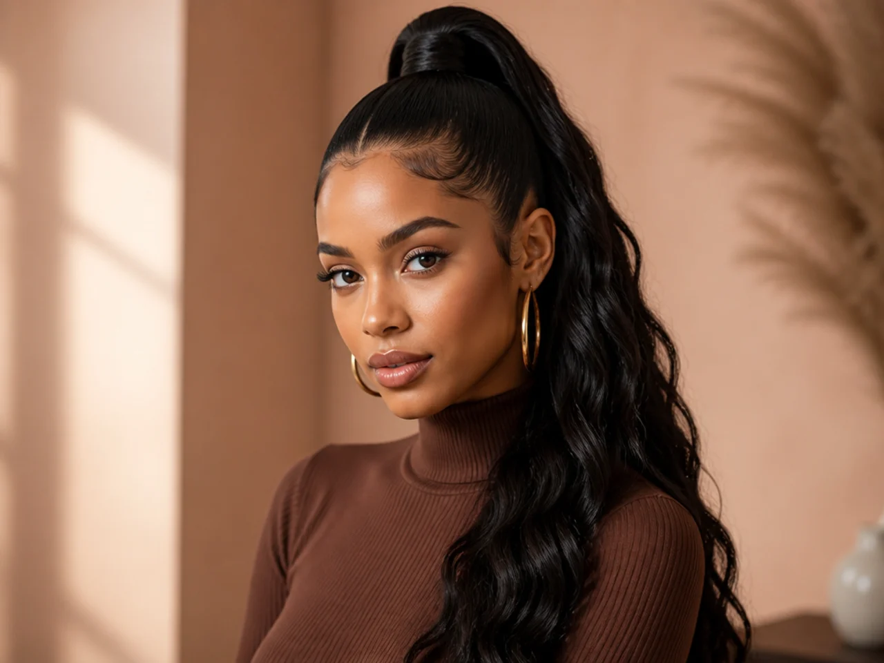 Sleek high ponytail with laid edges and a long wrapped tail on a Black woman with silk-pressed hair