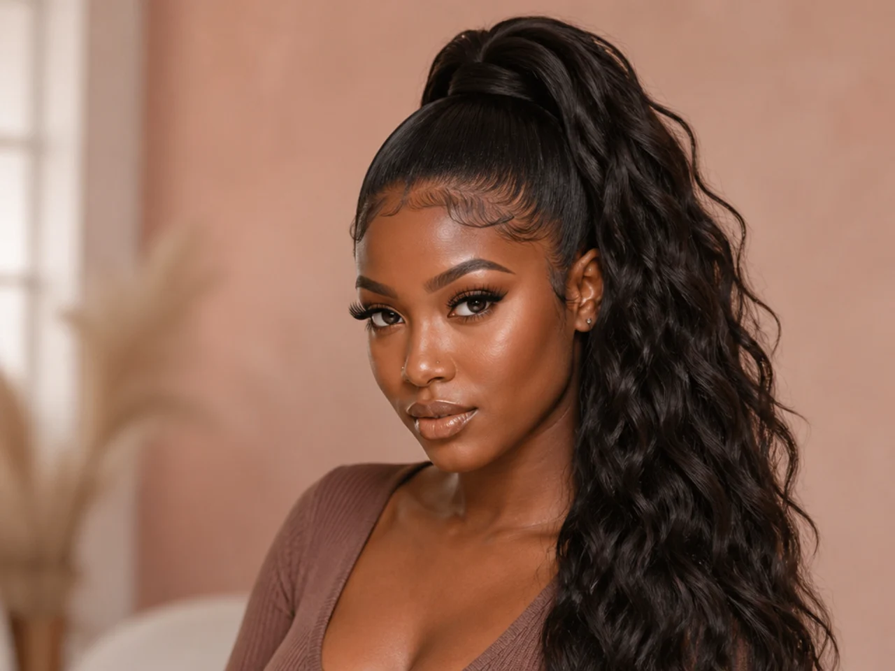 Lace-frontal wig styled into a snatched high ponytail with baby hairs on a Black woman
