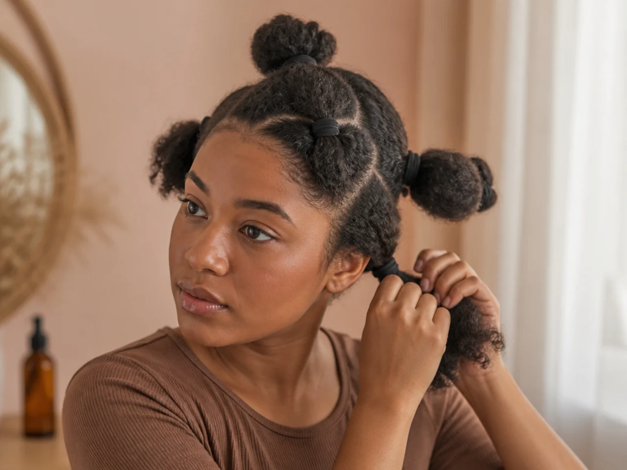 Black woman banding her 4B natural hair in sections the night before styling a sleek high ponytail