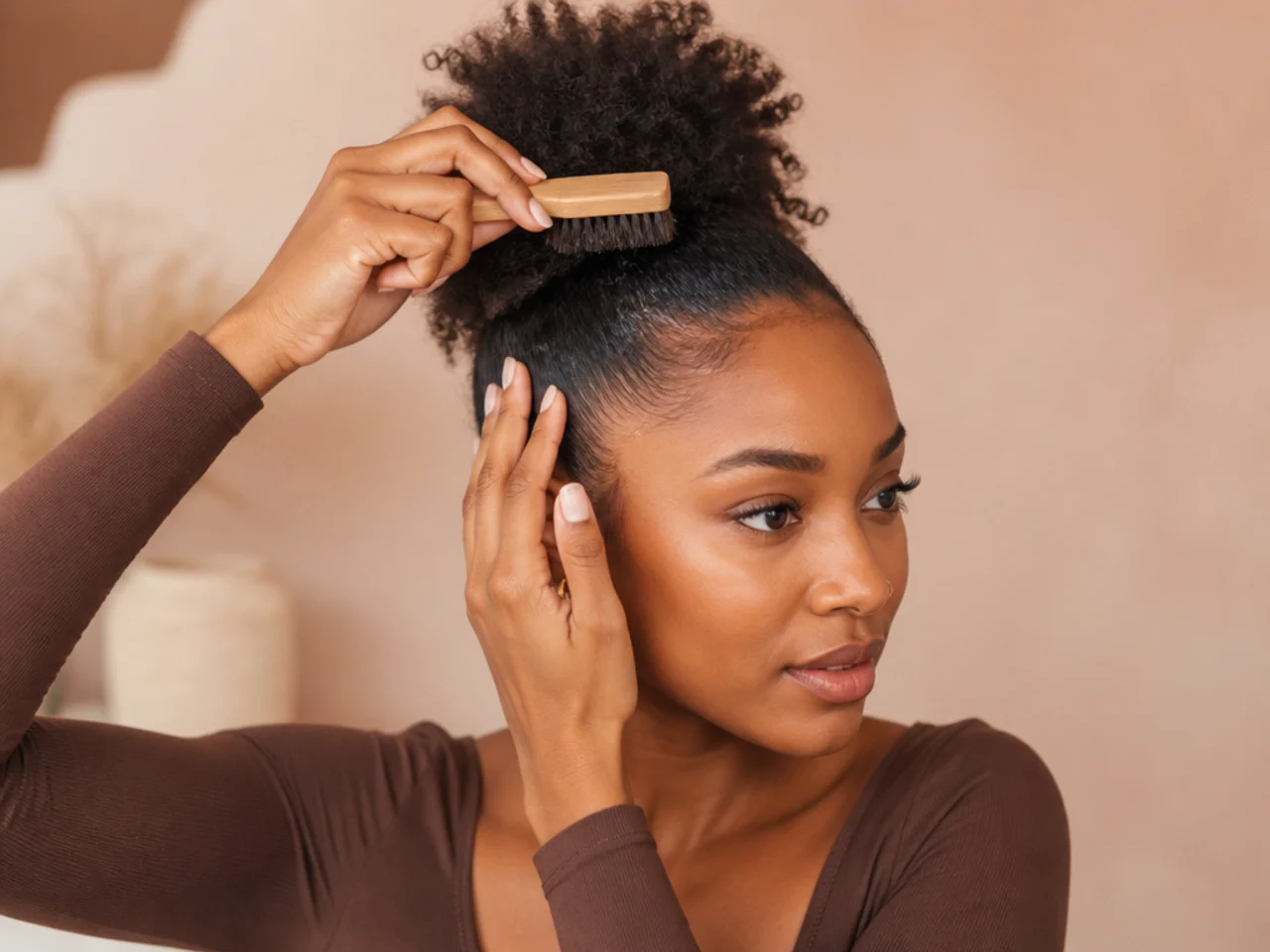 Black woman brushing her natural hair up to the crown with a boar-bristle brush and edge control for a sleek high ponytail