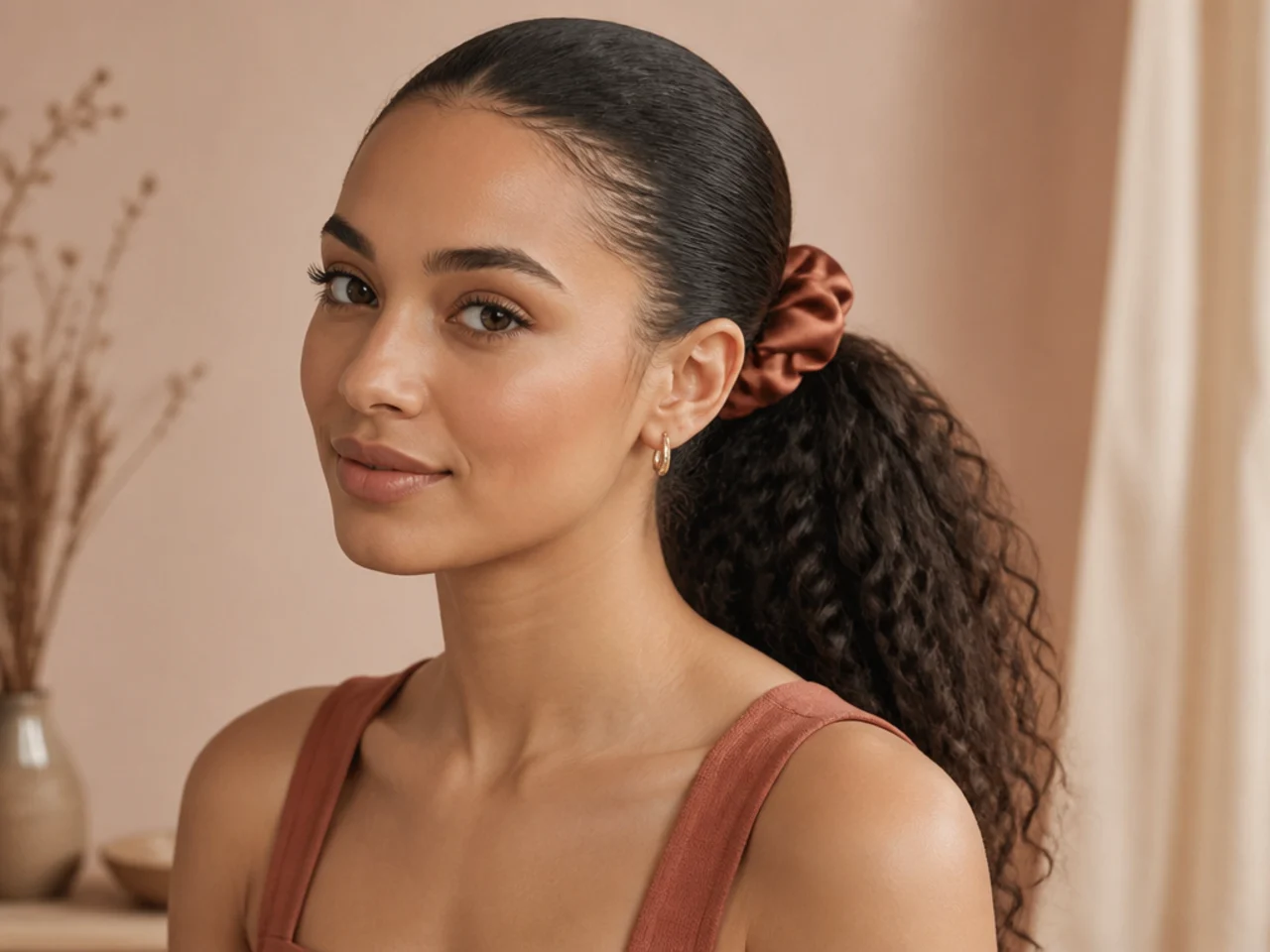 Black woman securing a high ponytail on natural hair with a coated elastic looped through a satin scrunchie