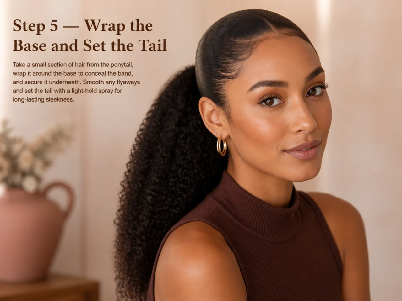 Black woman wrapping the base of a natural-hair sleek high ponytail with a smoothed hair section pinned underneath