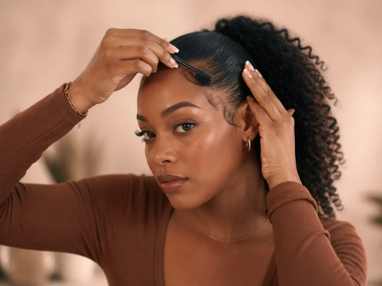 Black woman sculpting baby hairs in soft S-shapes at the temples with a soft-bristle edge brush and edge control