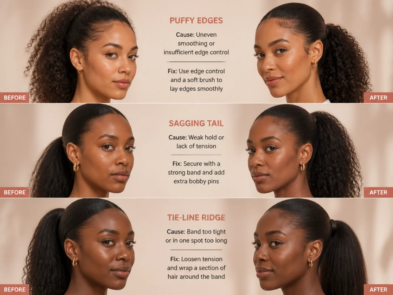 Split-panel showing before and after fixes for common sleek ponytail issues on natural hair — puffy edges, sagging tail, tie-line ridge