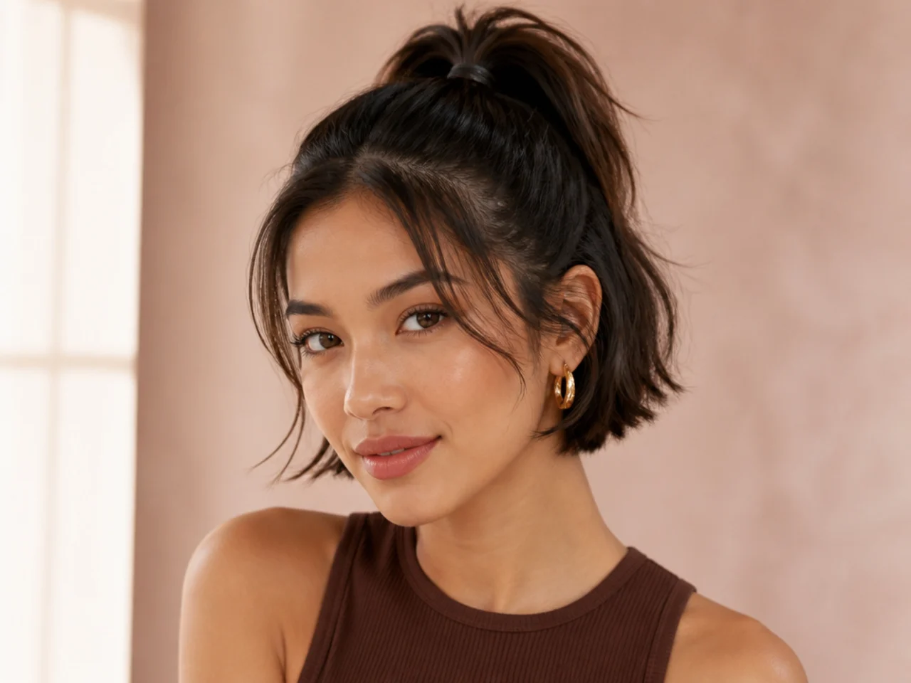 Woman's hands smoothing a strong-hold gel through the front of her chin-length dark bob before tying a high pony
