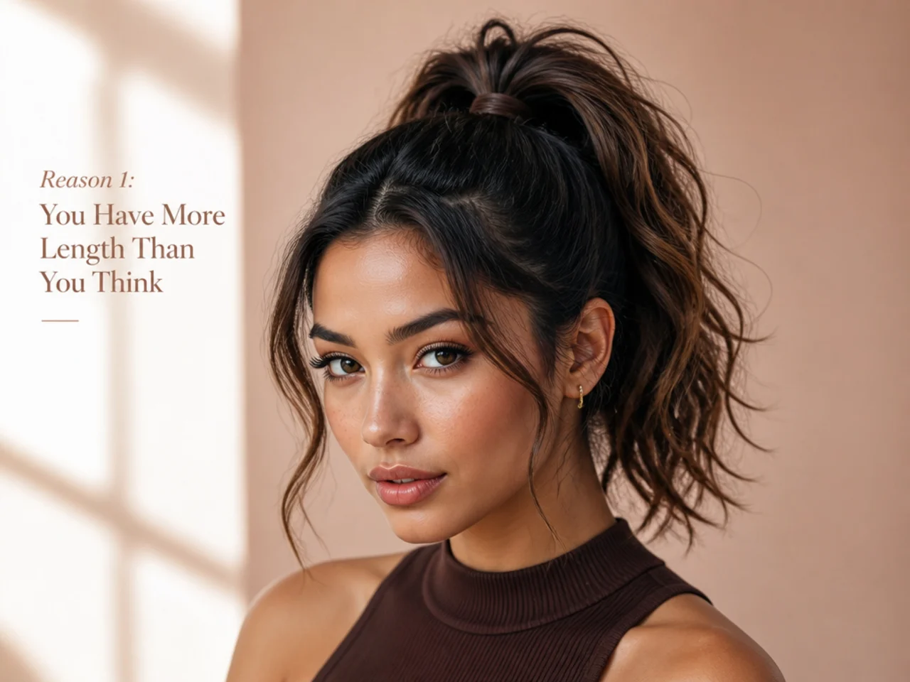 Overhead angle of a South Asian woman lifting her chin-length hair into a high pony, showing crown length reaching the elastic