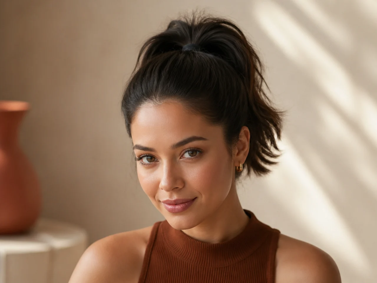 Latina woman with a short shag styled into a high ponytail, visible height and lift at the crown