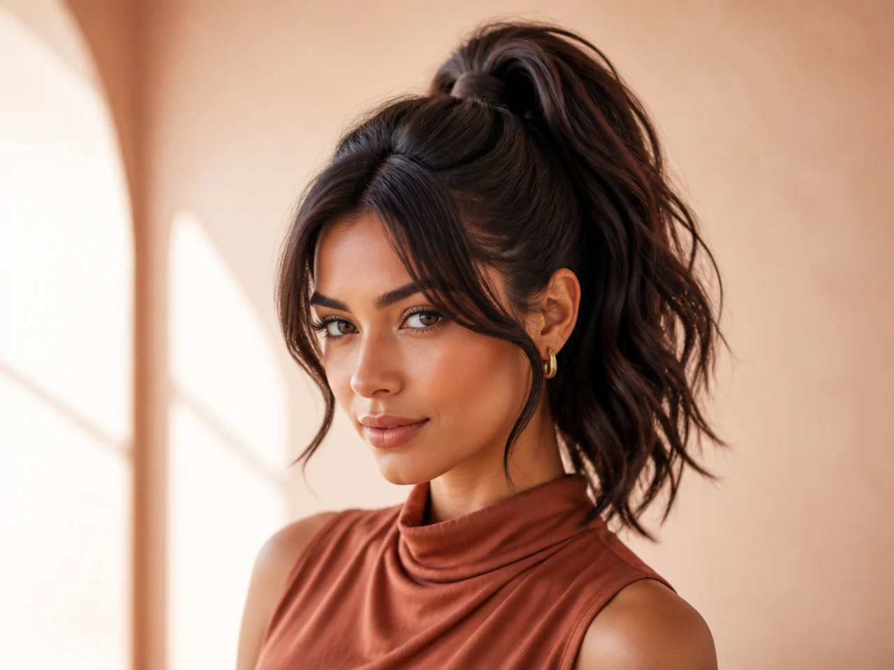 East Asian woman with a chin-length bob transformed by a wrap-around clip-in high ponytail extension in matching dark brown