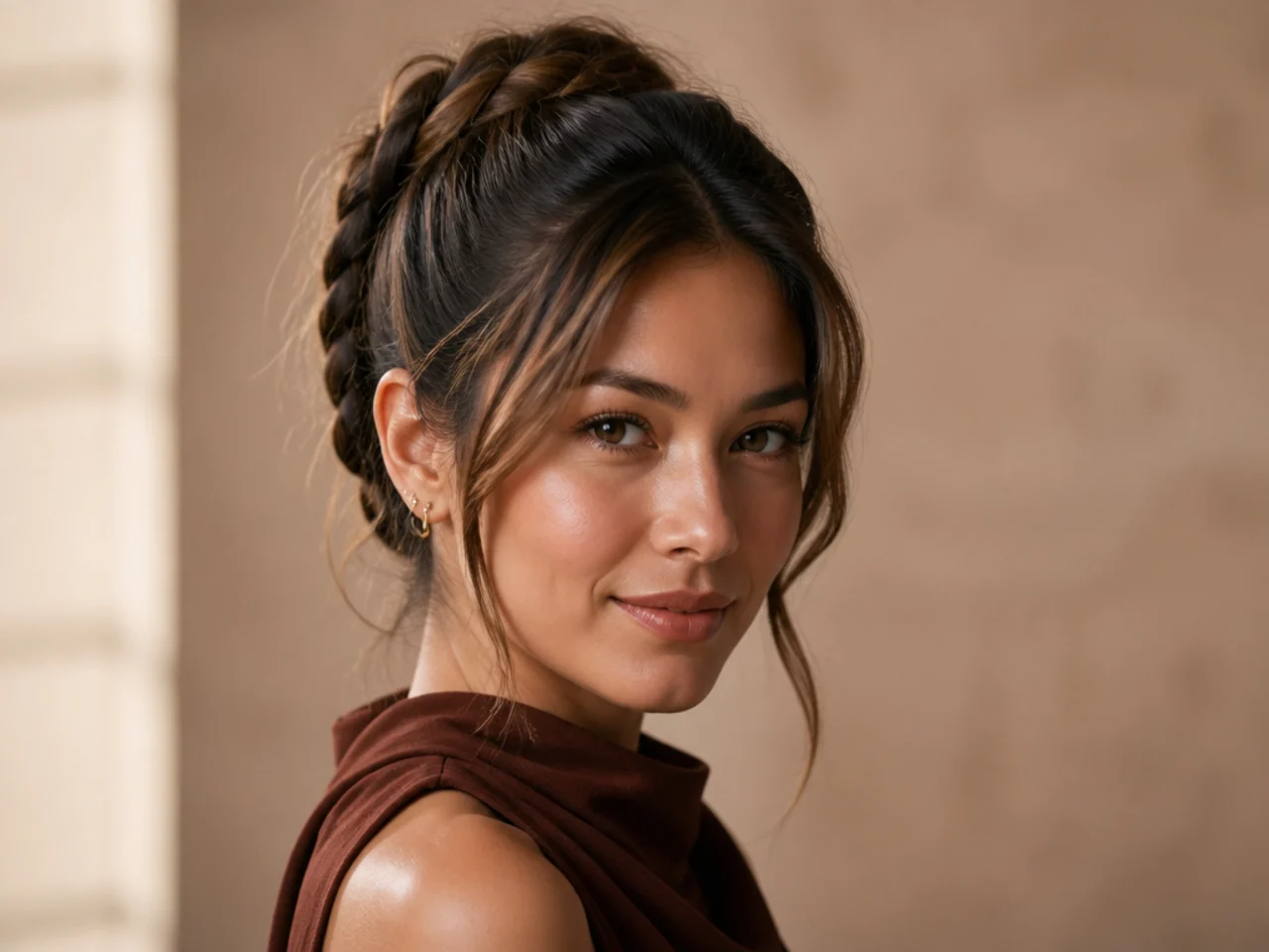 Back view of a white woman's short brown bob with an upward French braid at the nape leading into a high ponytail
