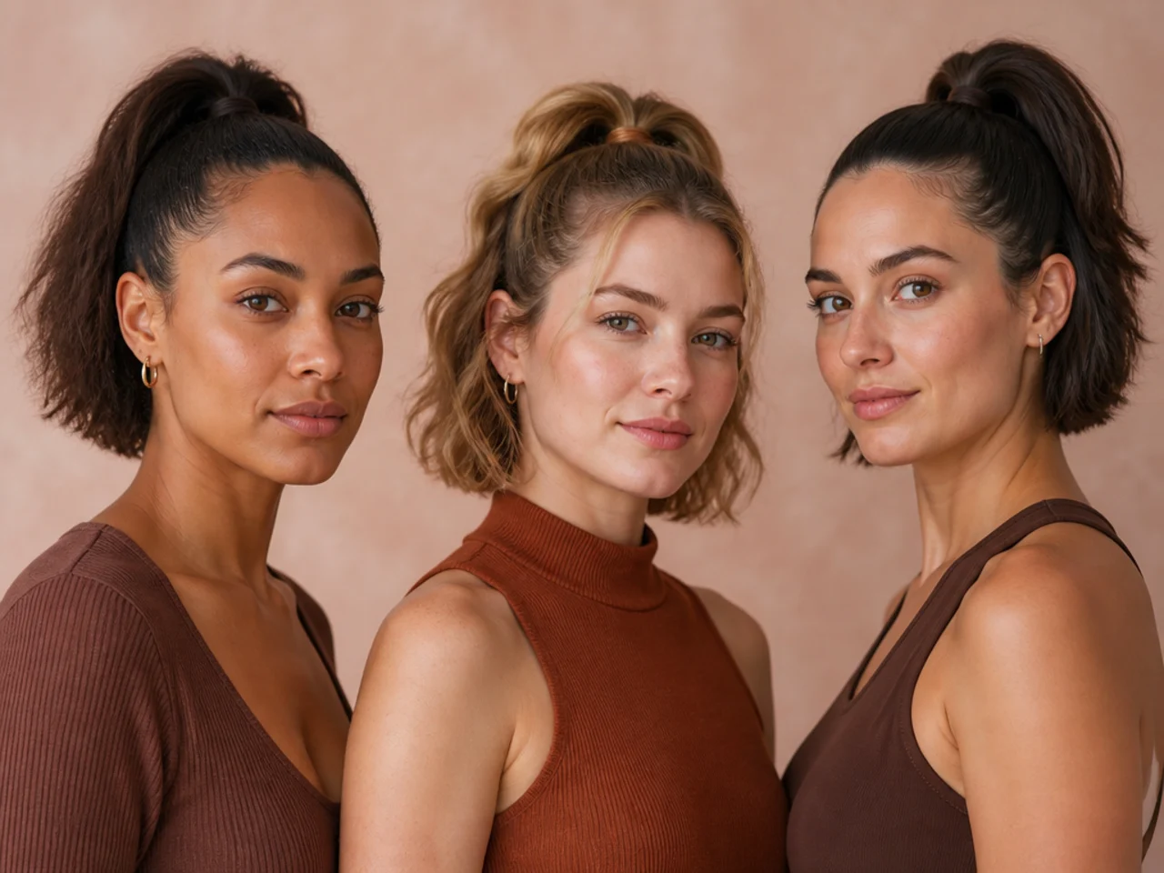 Three women of different ethnicities with different face shapes wearing high ponytails on short hair — oval, round, and heart-shaped