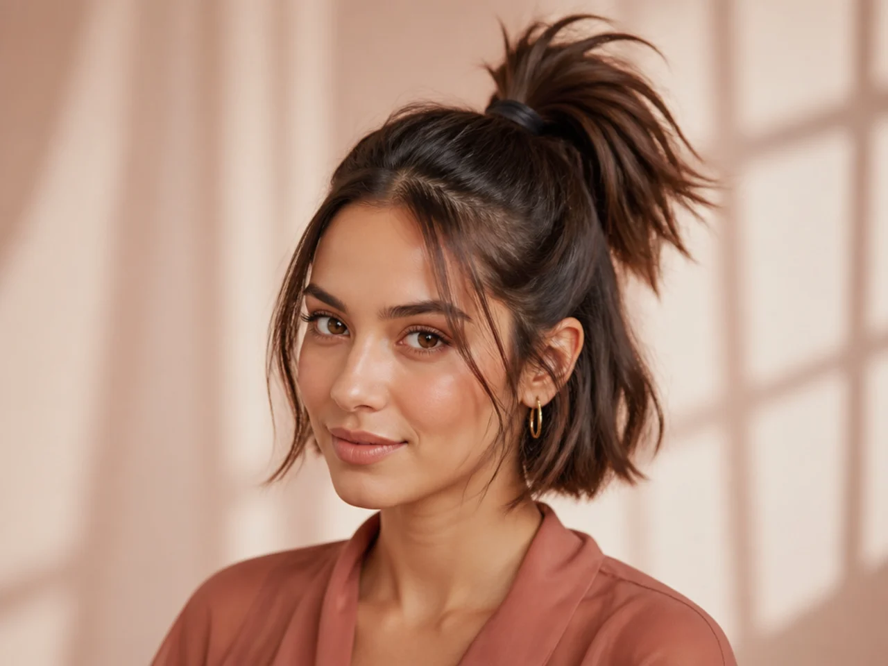 Side profile of a woman with a chin-length brown bob styled into a sleek high ponytail with wrapped base