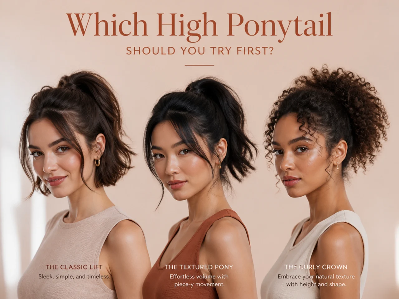 Flat lay showing bobby pins, a bungee tie, a clip-in ponytail extension, strong-hold gel, and a wide-tooth comb on a neutral surface