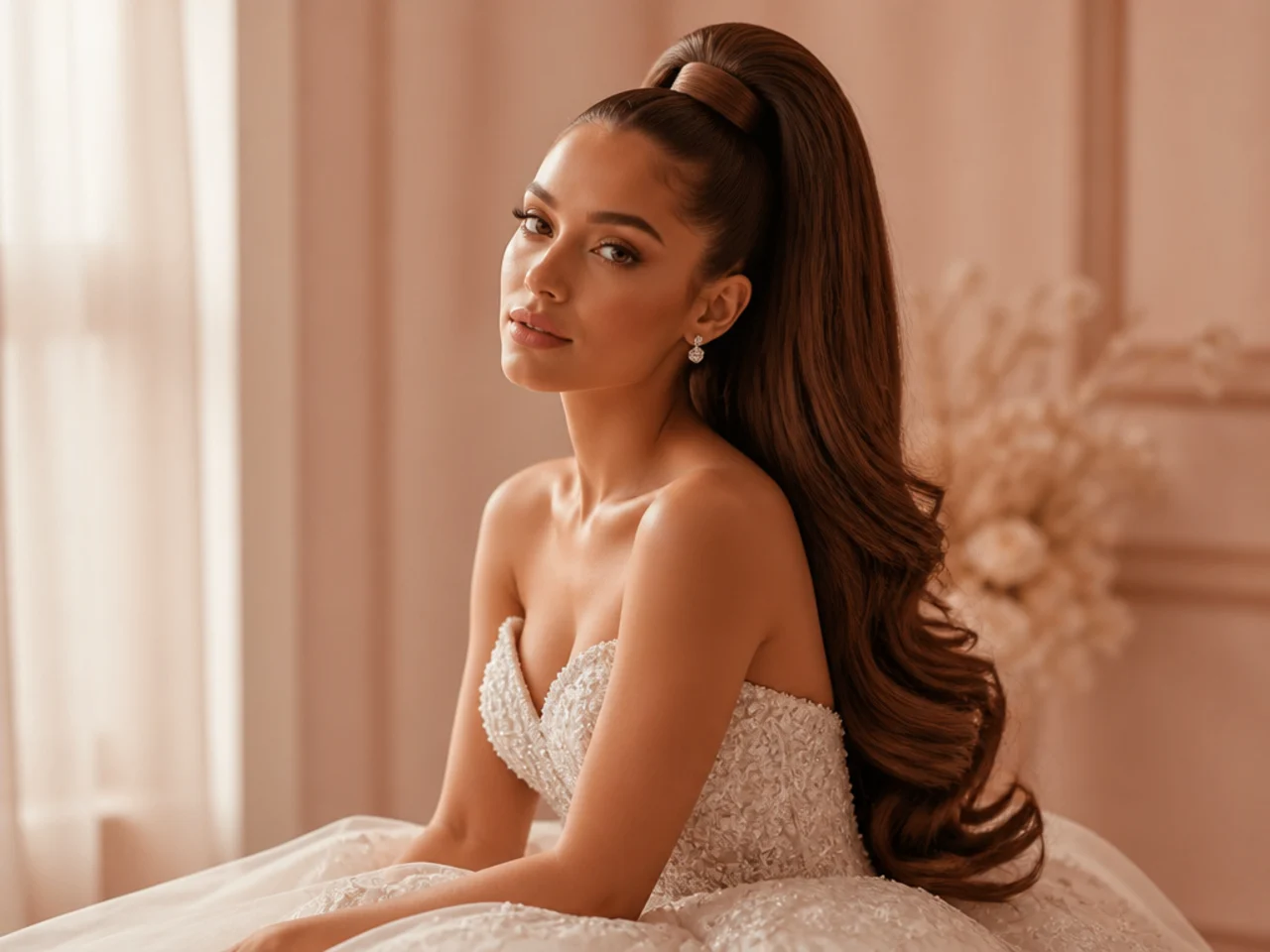 Ariana Grande style tall bridal fountain high ponytail with dramatic volume on a bride in a ball gown