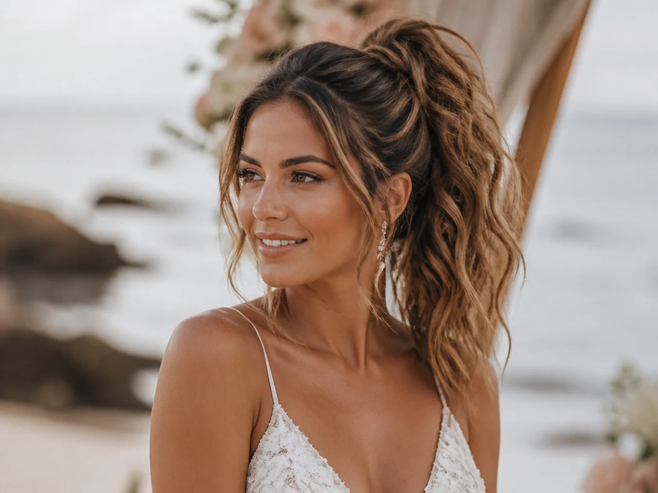Textured beachy high ponytail with soft waves and salt-spray finish on a bride at a coastal wedding