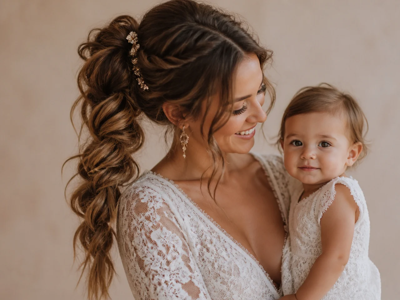 Bohemian bride with a twisted rope braid ponytail and baby's breath tucked into the twist