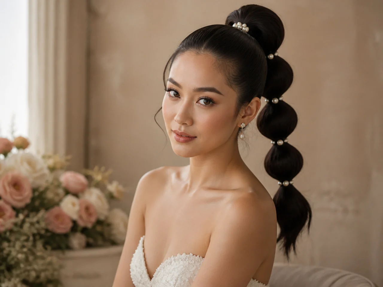 Bridal bubble ponytail with pearl-topped clear elastics between each bubble on Asian bride