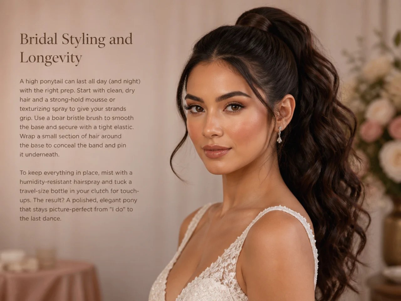 Bridal styling essentials for a high ponytail — pearl pins, silk ribbon, satin scrunchie, boar bristle brush, hairspray