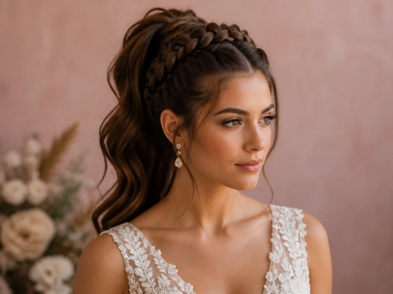 Bridal high ponytail with French braided crown feeding into the base on a bride