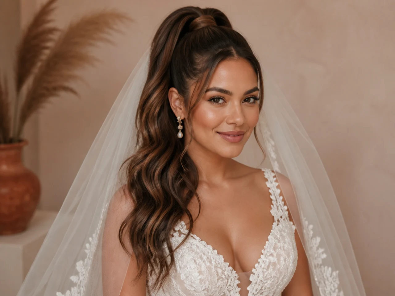 Bride wearing a long cathedral veil pinned under a high ponytail base, tail cascading over the veil