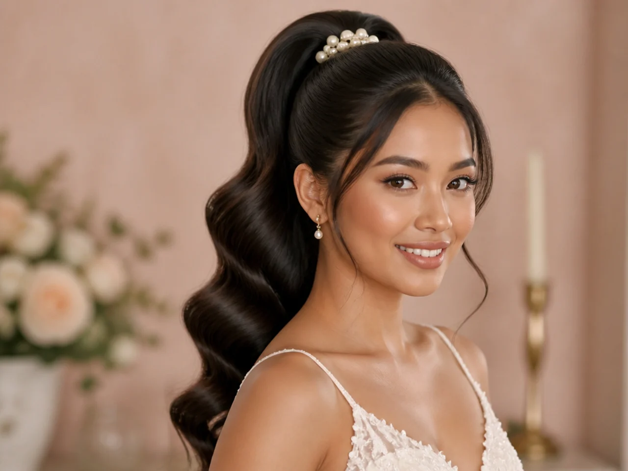 Hollywood wave bridal high ponytail with a pearl comb at the base on a bride