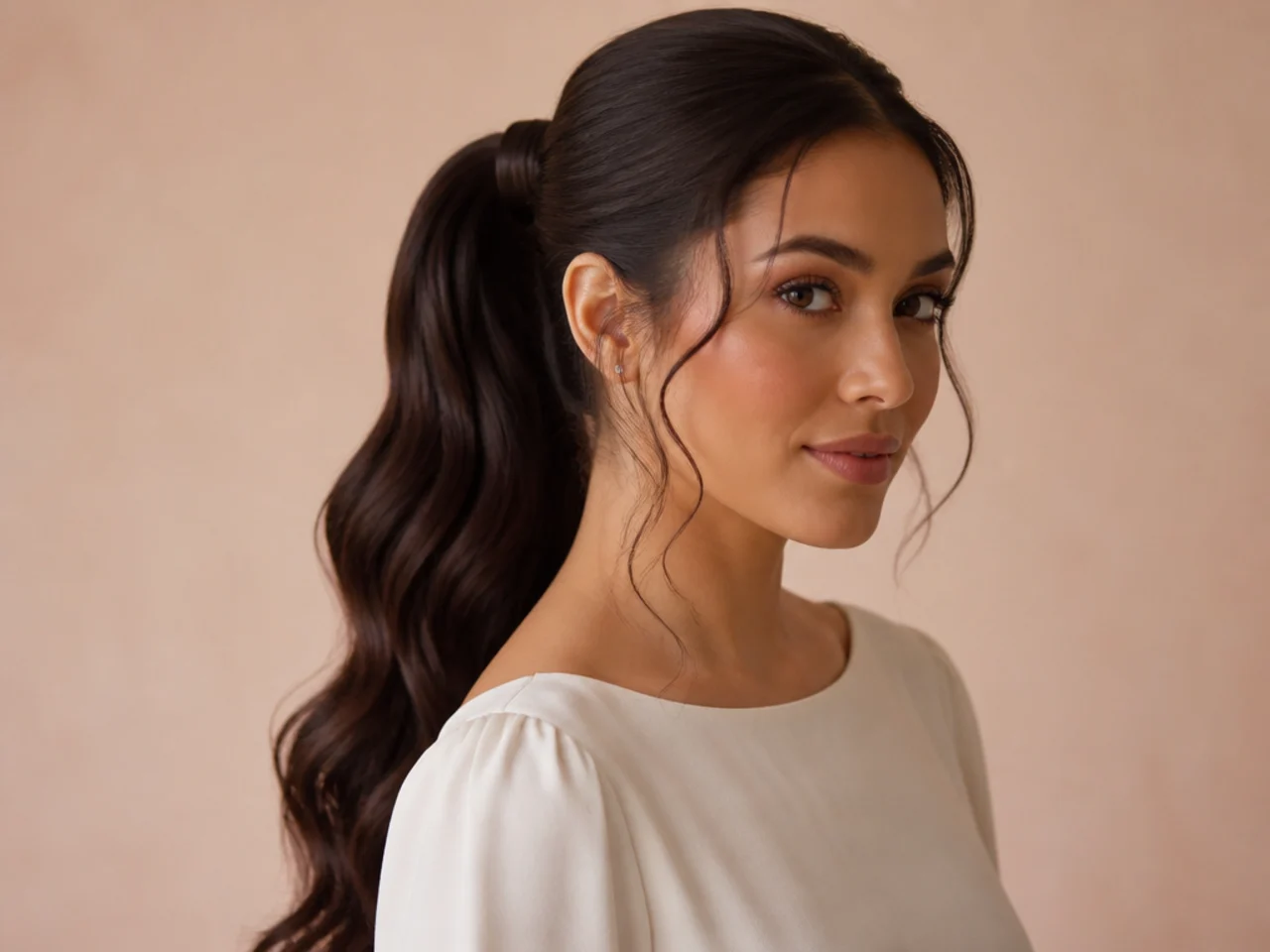 Modest bridal high ponytail sitting slightly lower with a wrapped base and no visible embellishments